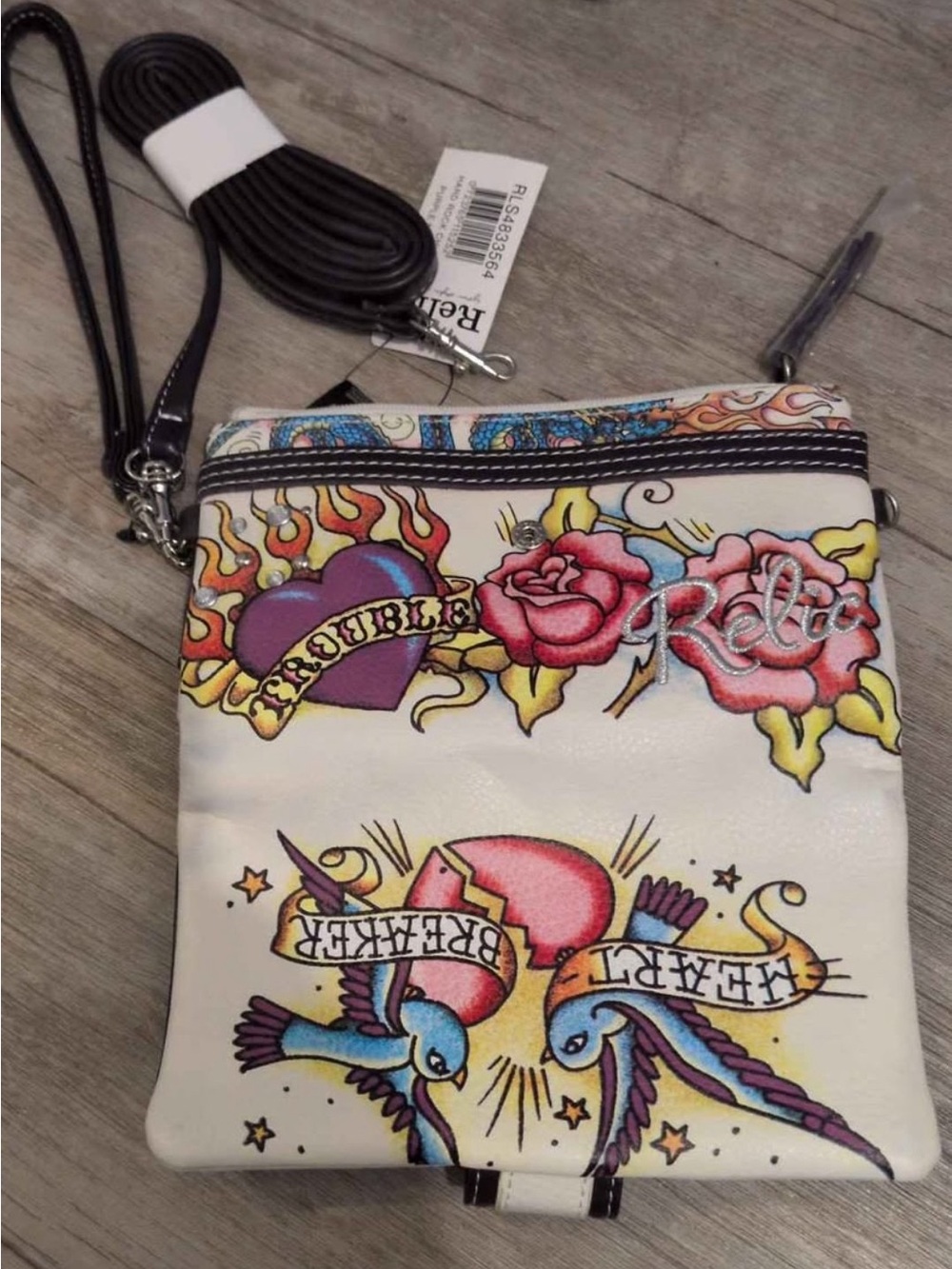 Relic White Tattoo-Print Crossbody Bag with Multicolor Art